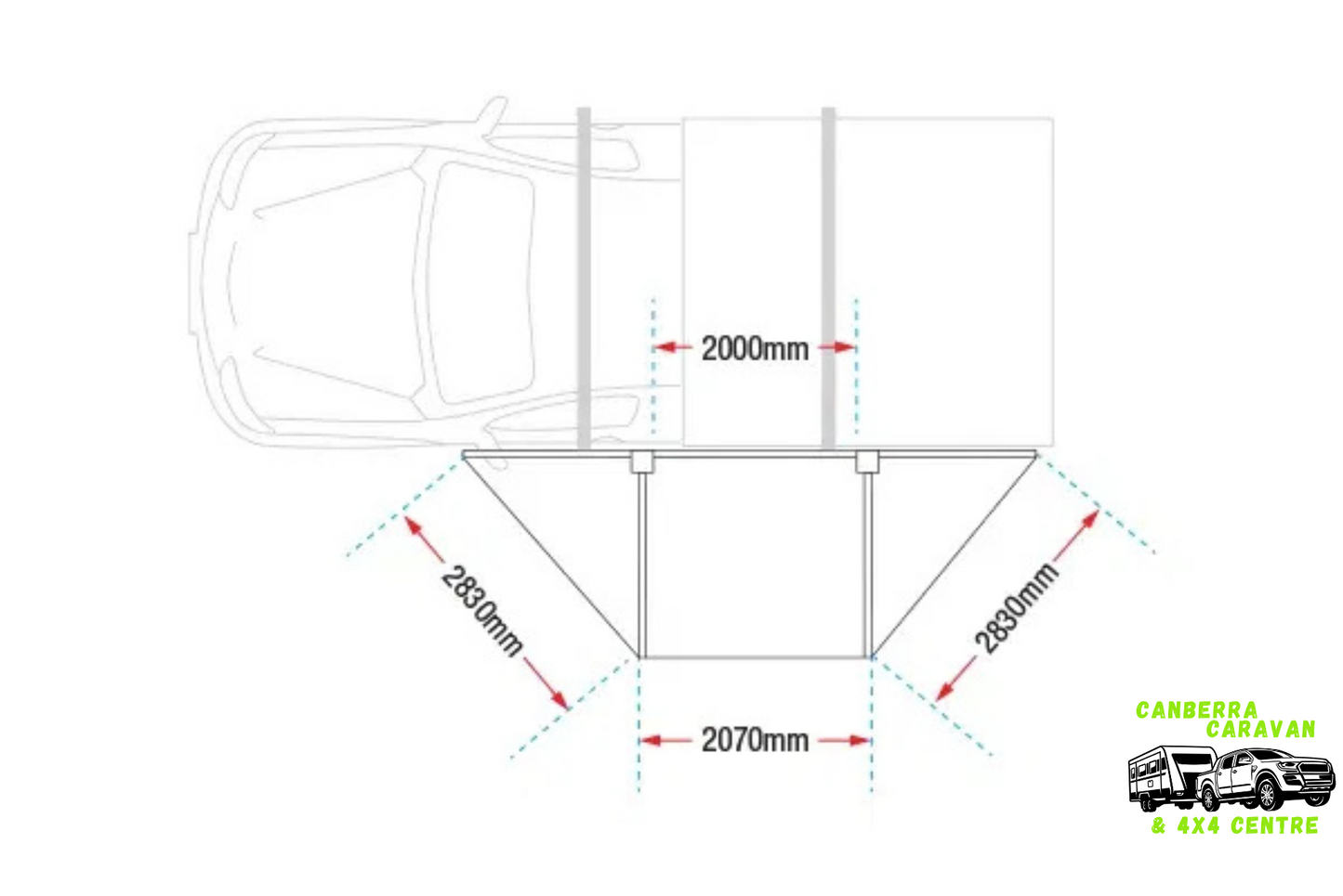 Technical drawing of a caravan with dimensions labeled, featuring the Canberra Caravan & Rack Centre logo.