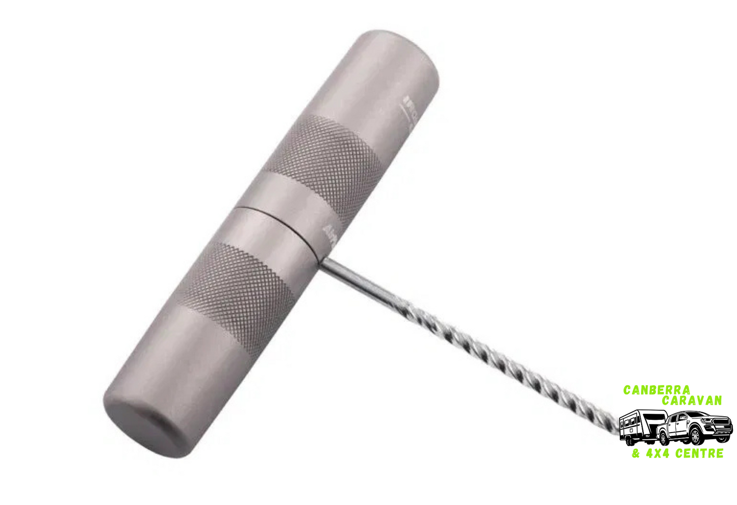 Metal tool with a coiled cable on a white background, featuring the Canberra Caravan & 4x4 Centre logo.