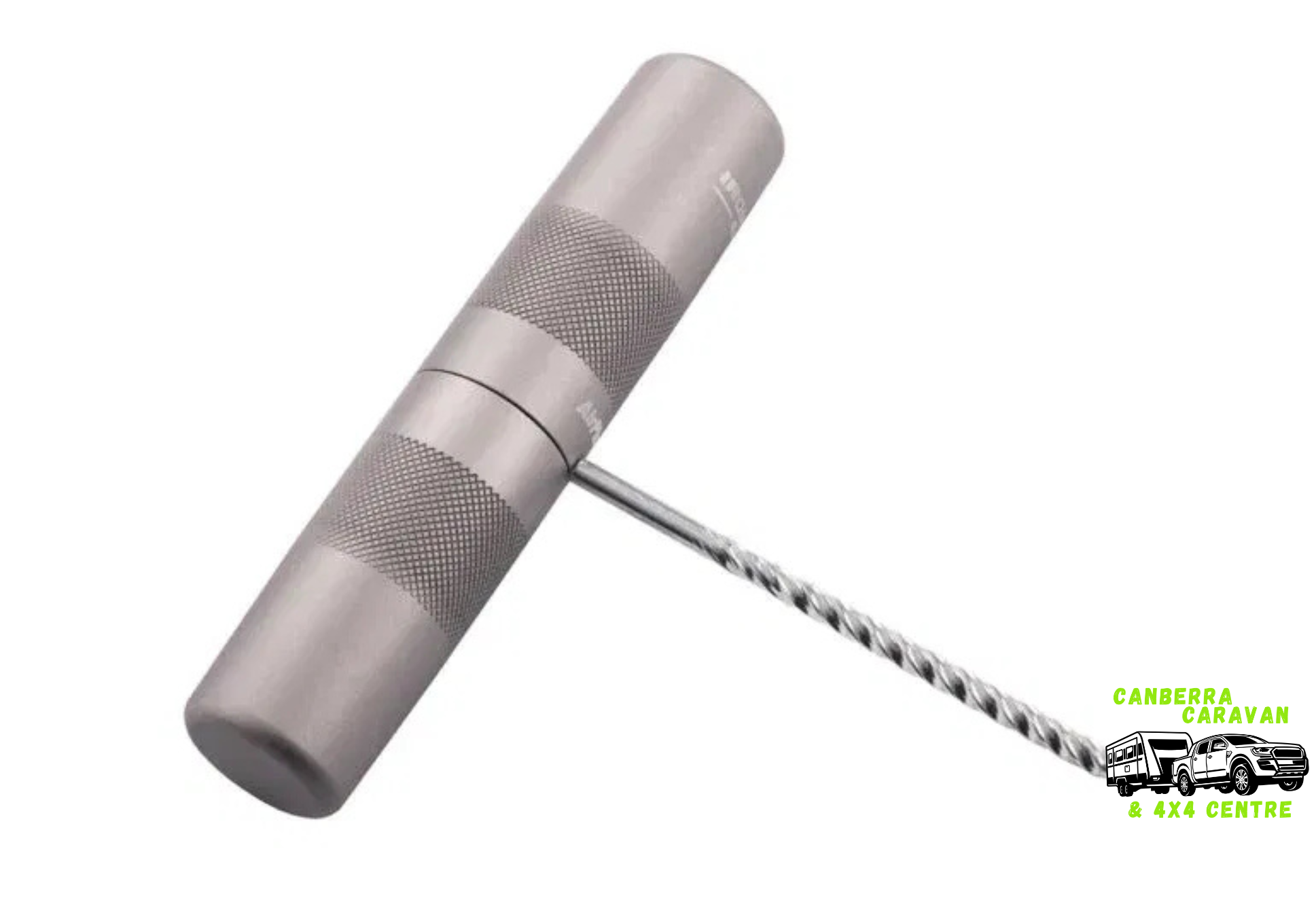 Metal tool with a coiled cable on a white background, featuring the Canberra Caravan & 4x4 Centre logo.