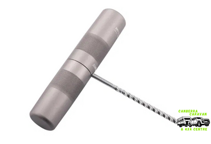 Metal tool with a coiled cable on a white background, featuring the Canberra Caravan & 4x4 Centre logo.